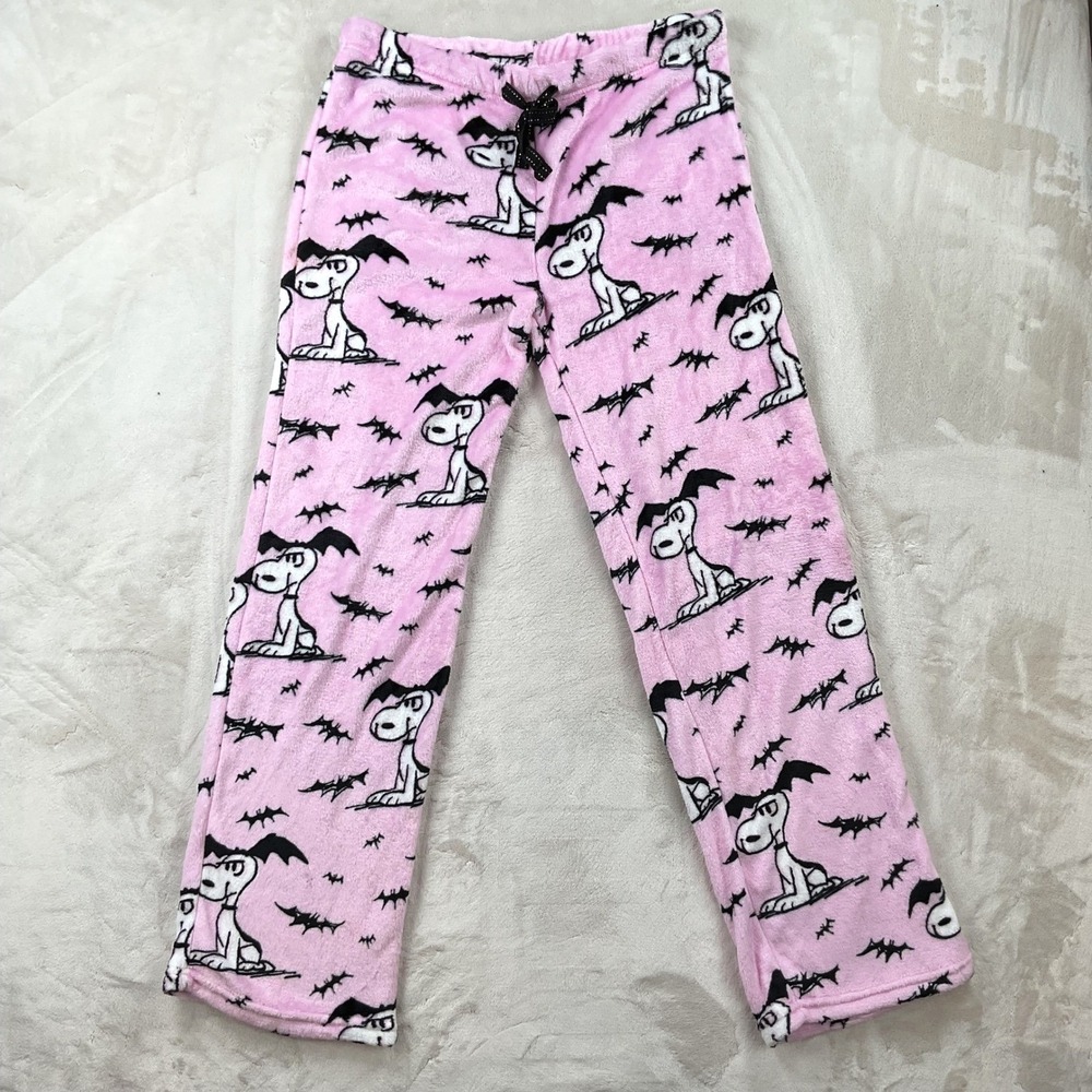 Peanuts Snoopy Halloween Pajama Pants Pink Plush Fleece Bat Wings Womens Large